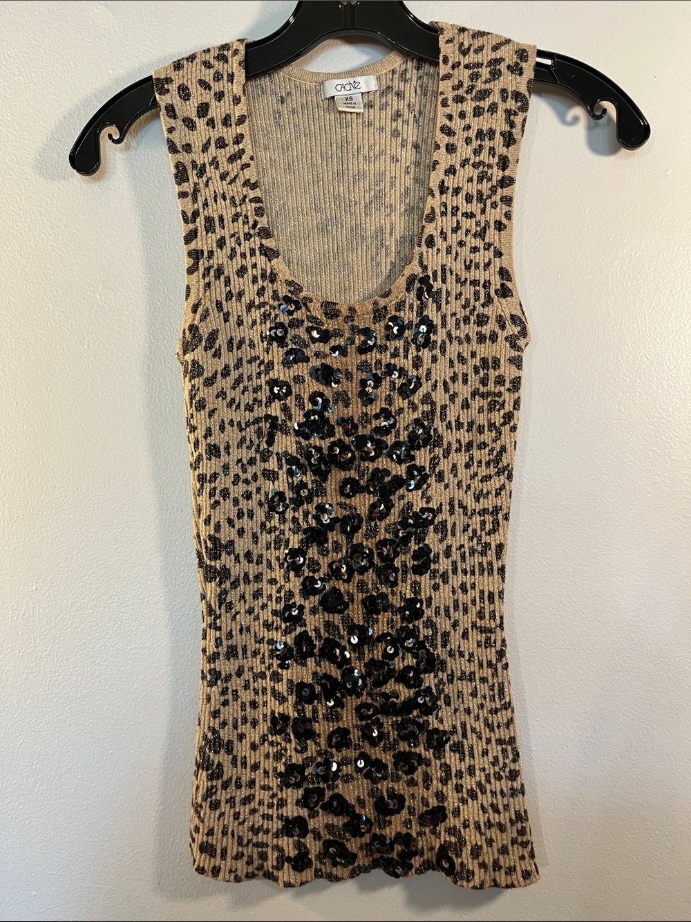 Cache Tan Leopard Print Ribbed Tank with Black Sequin Accents